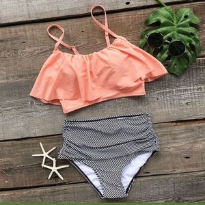 Flouncy bikini top and striped high waisted bottom